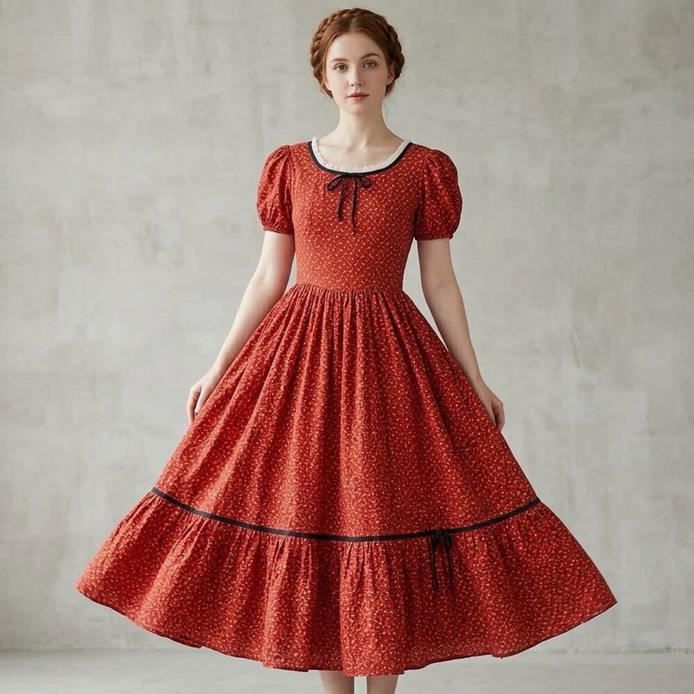 Women's Vintage 70's Calico Prairie Floral Cottagecore Lace Trim Long Dress Sz M